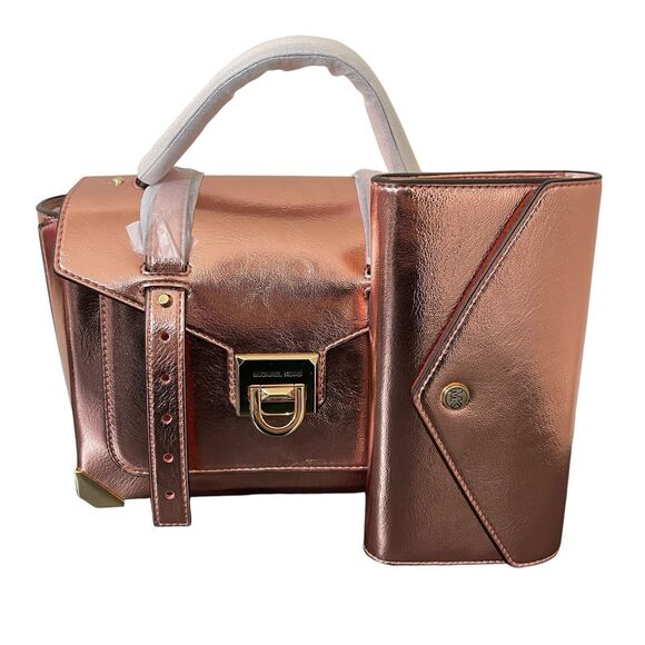 Michael Kors Manhattan Med Leather Satchel Metallic Primrose Continental Wallet - Picture 1 of 10